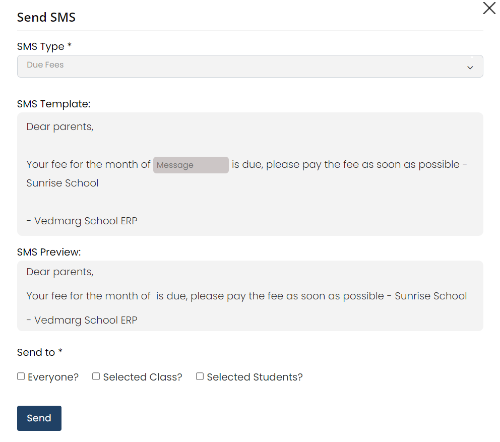 Due Fees 1 - How To Send SMS in Vedmarg School ERP (DLT Approved Templates) Due Fees