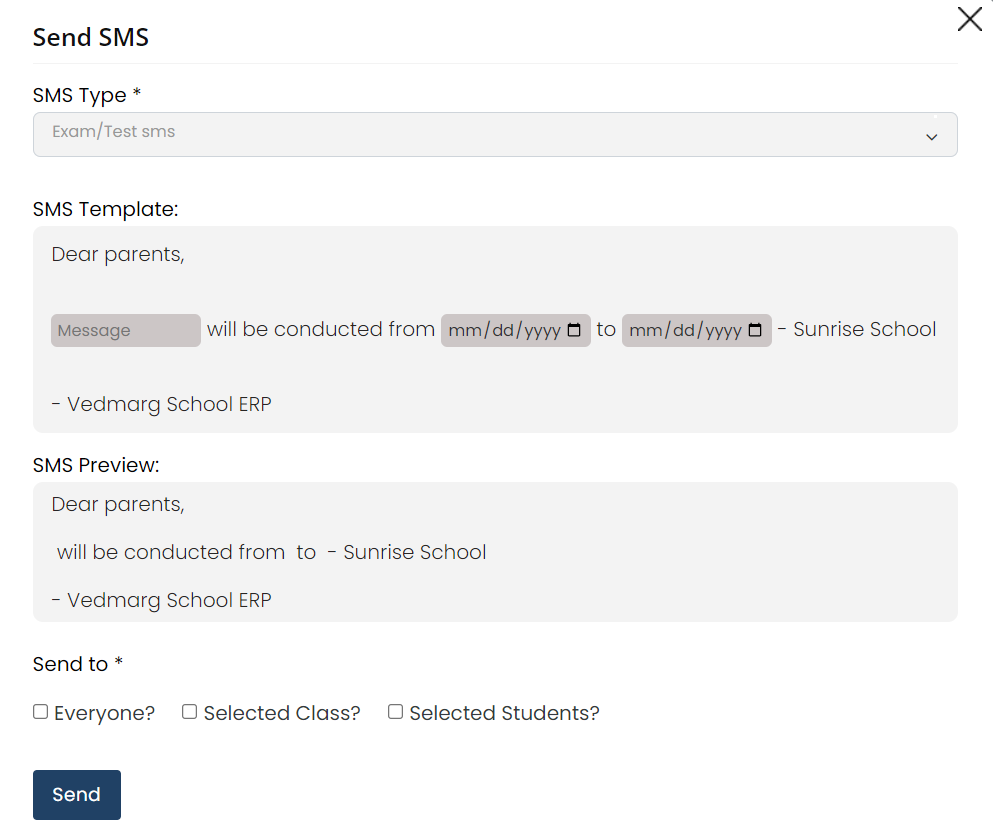 Exam Test SMS - How To Send SMS in Vedmarg School ERP (DLT Approved Templates) Exam-Test SMS