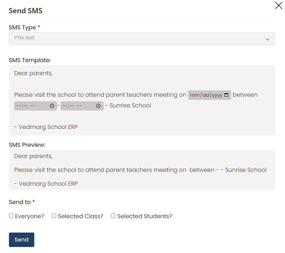 PTM SMS - How To Send SMS in Vedmarg School ERP (DLT Approved Templates) PTM SMS