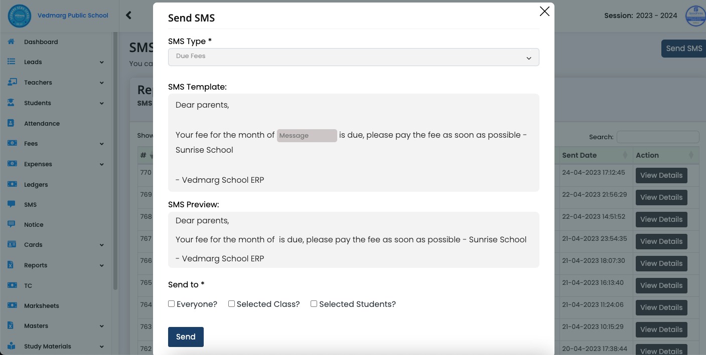 sms send to everyone or class wise or student - How To Send SMS in Vedmarg School ERP (DLT Approved Templates) sms send to everyone or class wise or student