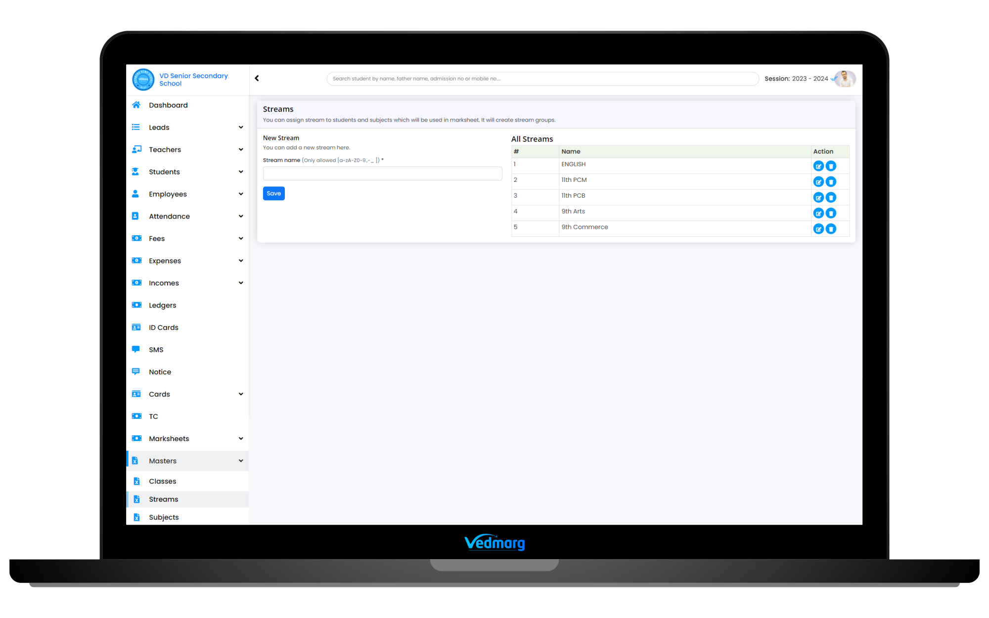 Add Streams - How to Create a CBSE Marksheet on Vedmarg School ERP Software? Add Streams