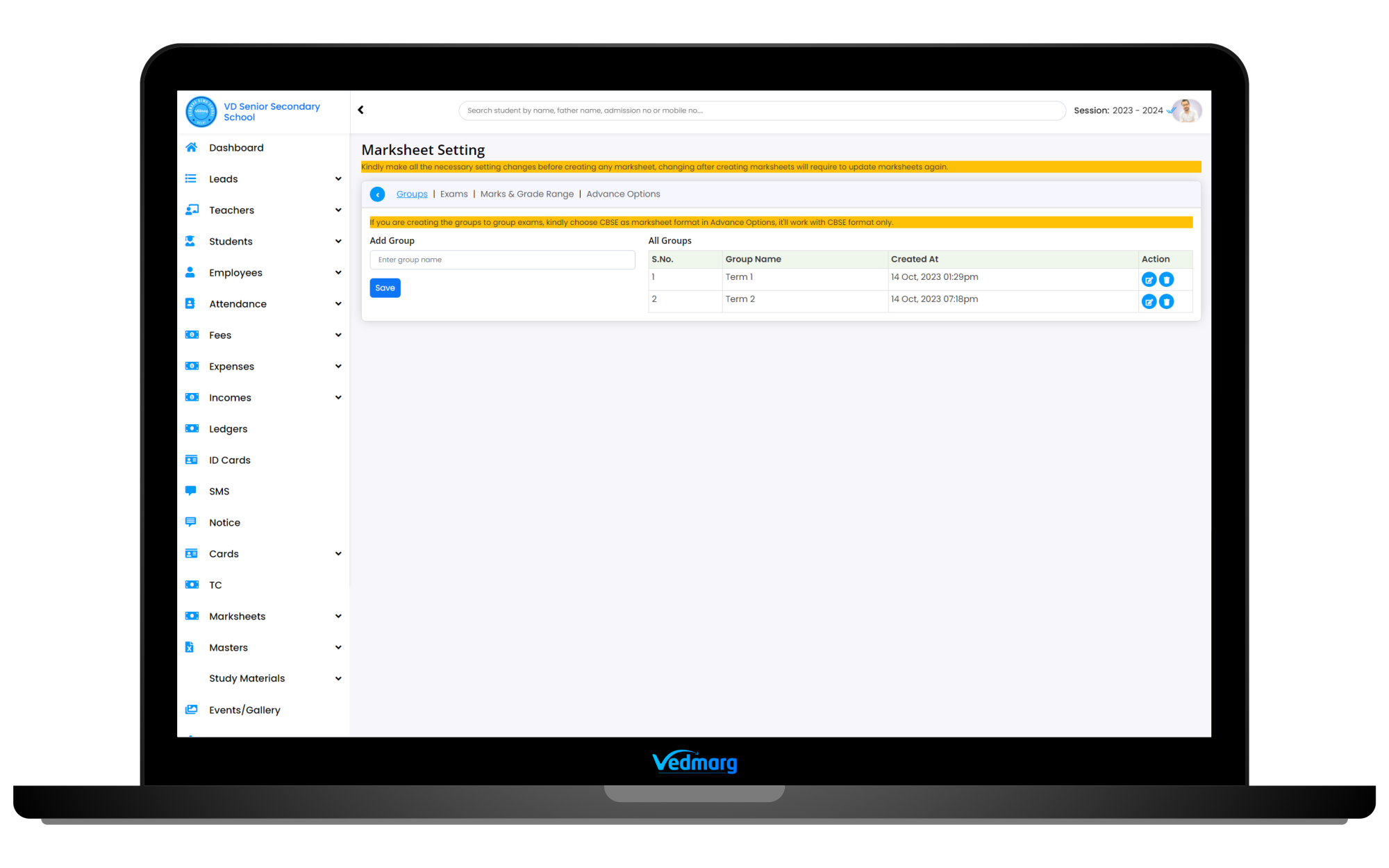 Create Group in Marksheet Setting Term System - How to Create a CBSE Marksheet on Vedmarg School ERP Software? Create Group in Marksheet Setting (Term System)