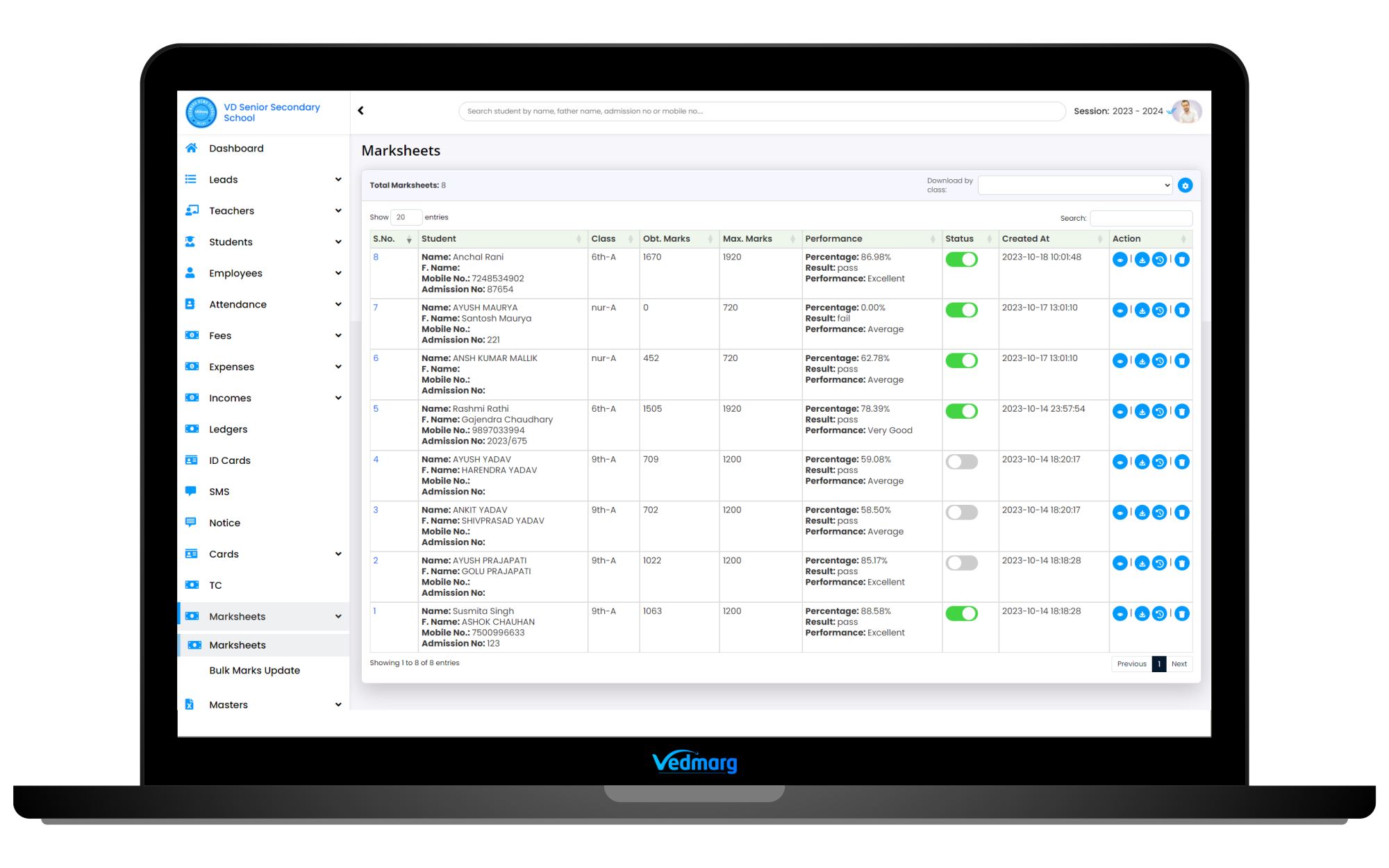 Download Marksheets - How to Create a CBSE Marksheet on Vedmarg School ERP Software? Download CBSE Marksheets