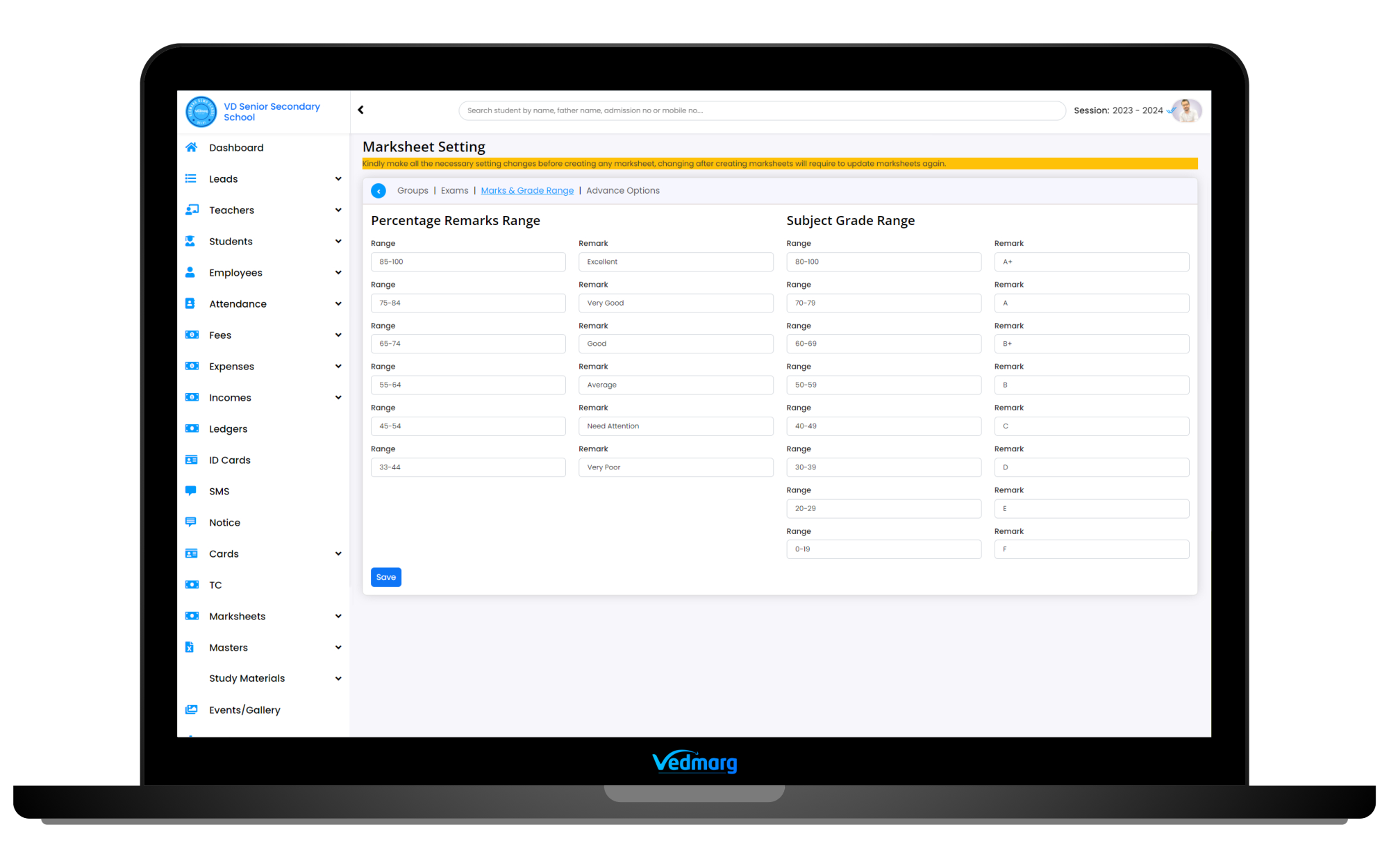 Setup Subject Grade and Percentage Range - How to Create a CBSE Marksheet on Vedmarg School ERP Software? Setup Subject Grade and Percentage Range