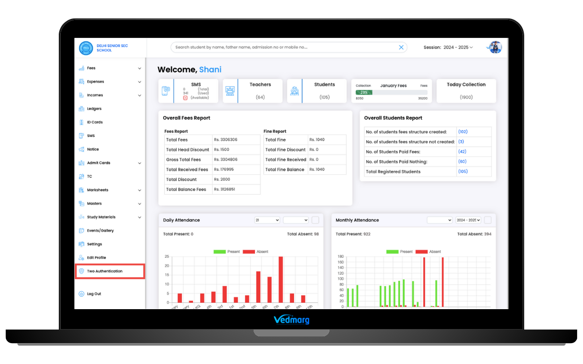 two-factor-authentication-school-erp-software - dashboard page