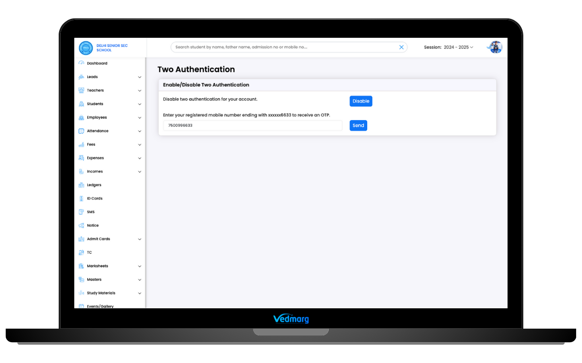 two-factor-authentication-school-erp-software - disable otp to verify