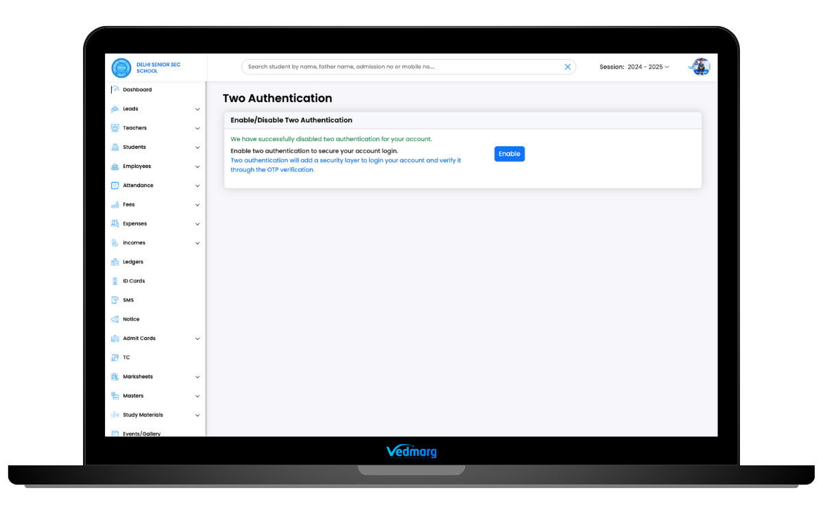 two-factor-authentication-school-erp-software - enable-disable-otp login process