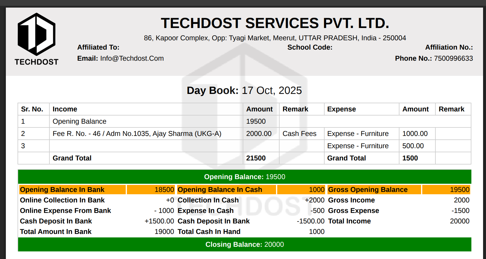 Day book format school colleges