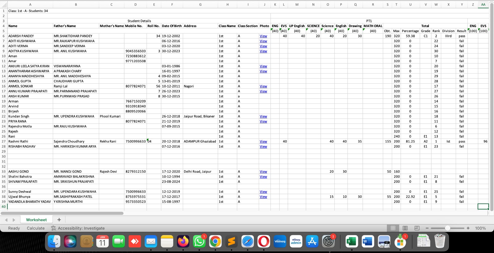 A sample of excel file with the student's details and marks entries
