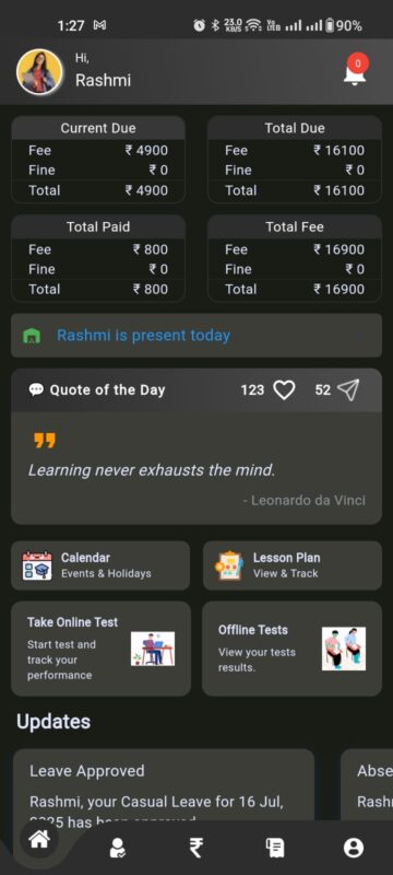 A view of the dark theme for students, parents and teachers