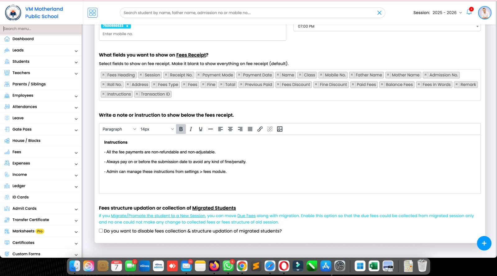 Admin can manage these instructions for fee receipts from settings