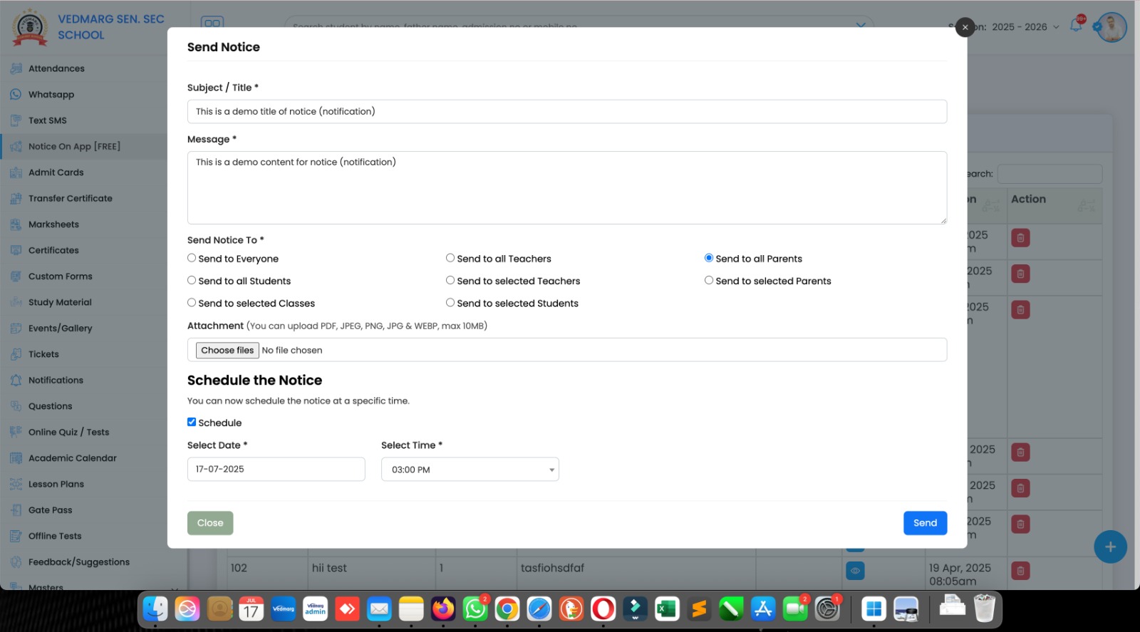 Admin or authrised person can send notice