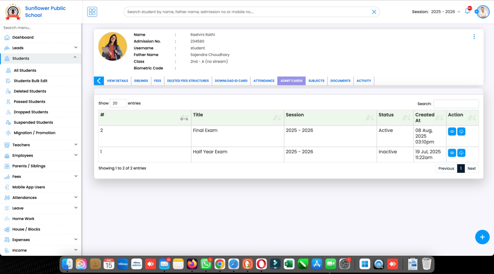 Admit Card-Single Student's Download