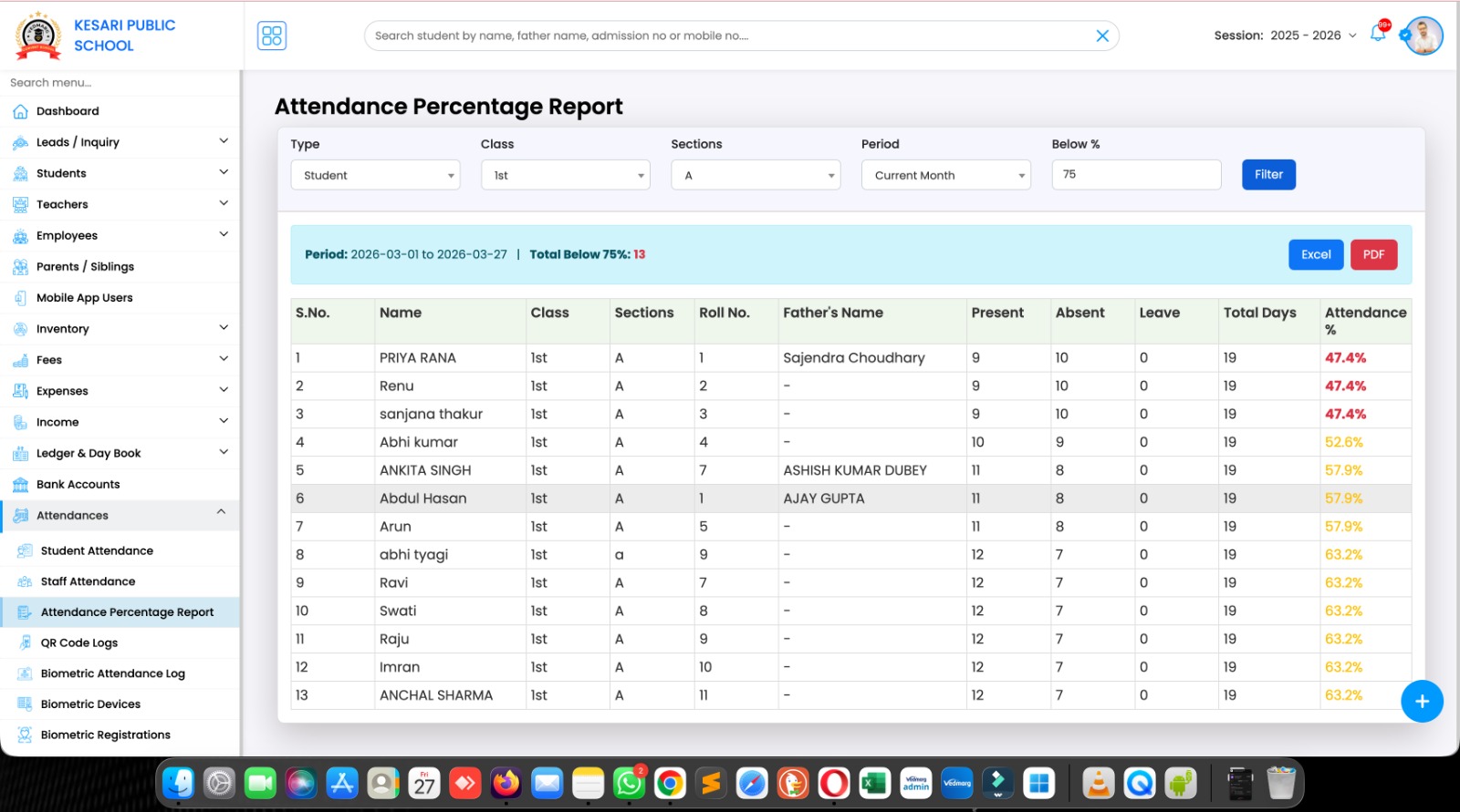 Attendance percentage report