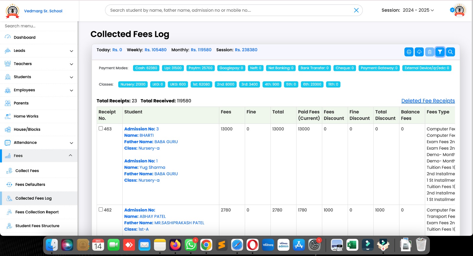 Classes Data Added on Collected Fee