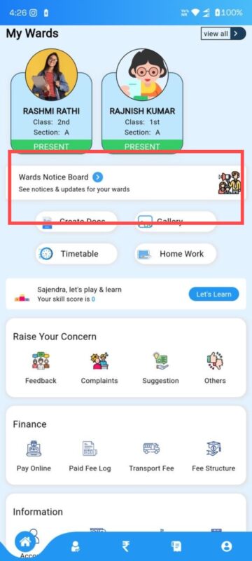 Dashboard of Parents App Login
