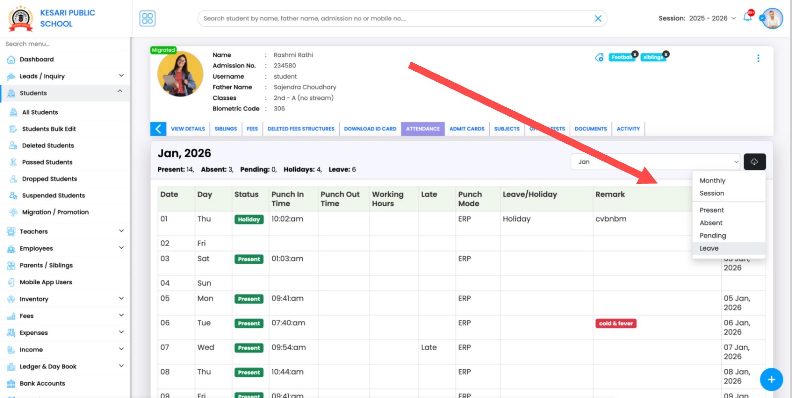 Download particular students report by attendance type from student profile