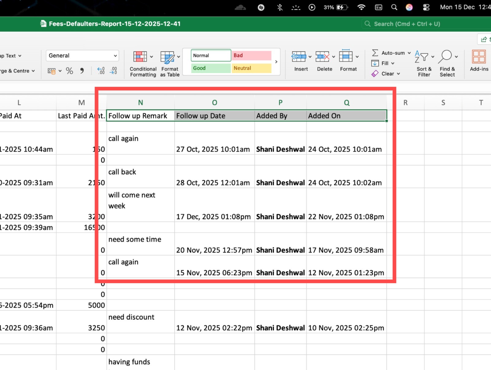 Excel File From Fee Defaulters