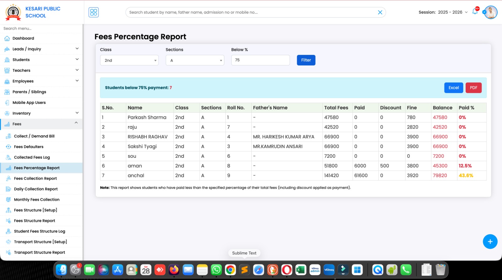 Fees Percentage Report