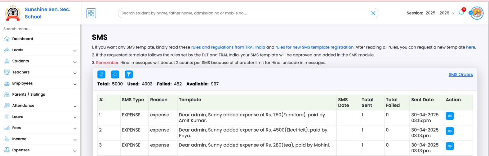 Here are the SMS records of expenses alerts with proper (logged in user name, amount, expense type, payer name) details