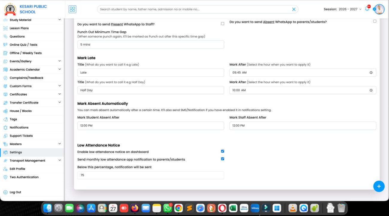 Low Attendance Alert on Dashboard