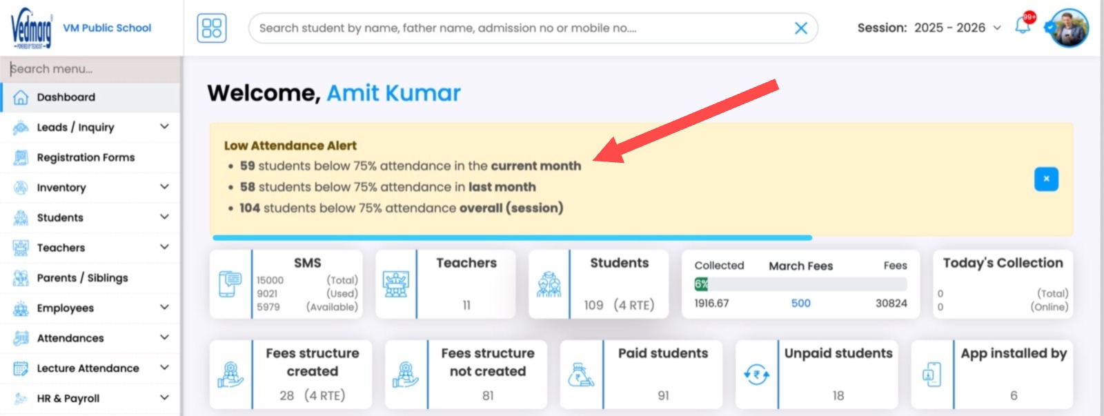Low attendance alert will appear on dashboard