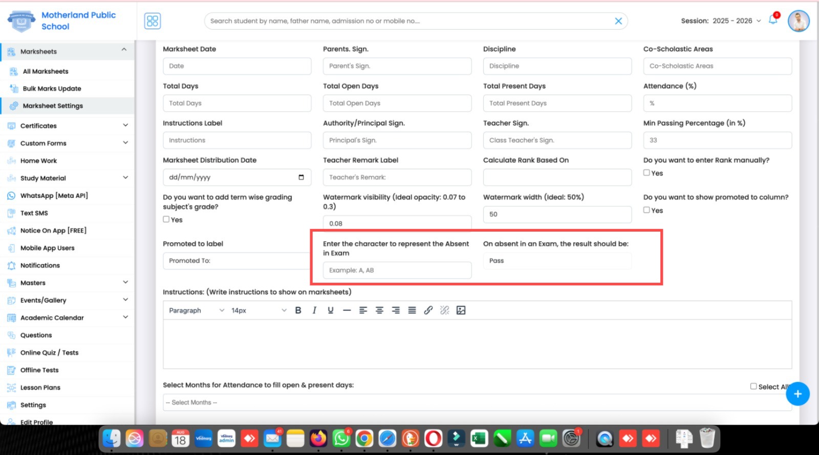 Marksheet settings advanced options