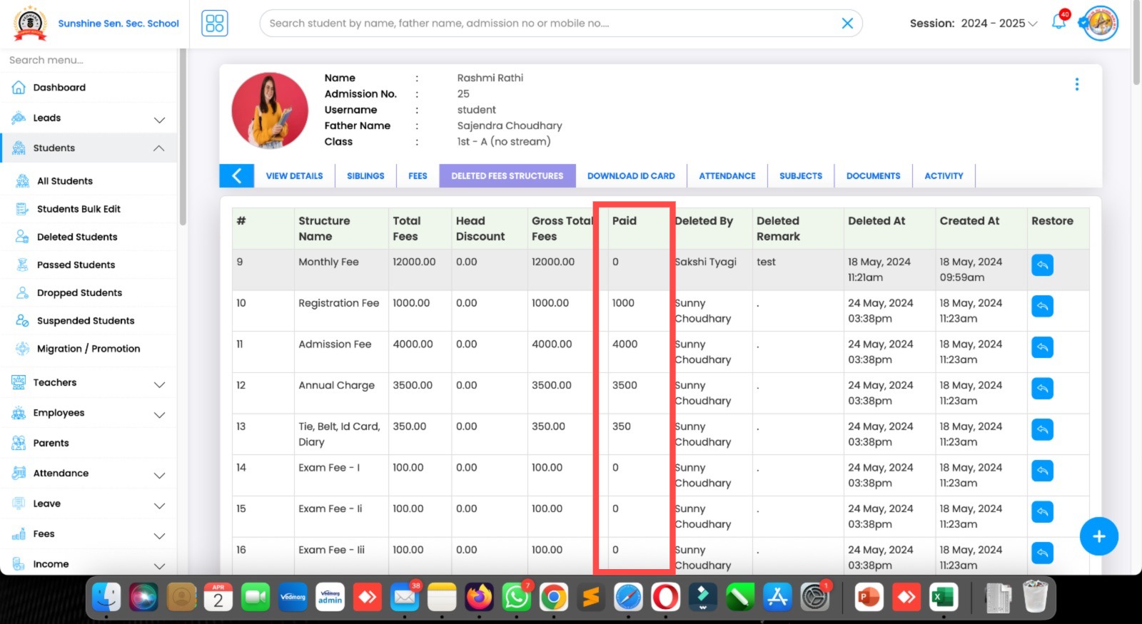 New Option Added in Student's Deleted Fee Structure