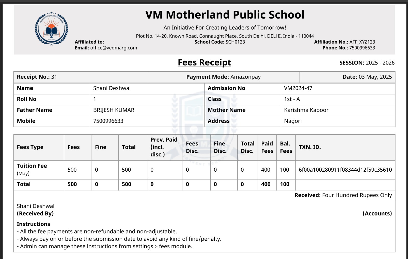 Now, You can add instructions at the bottom of fee receipts