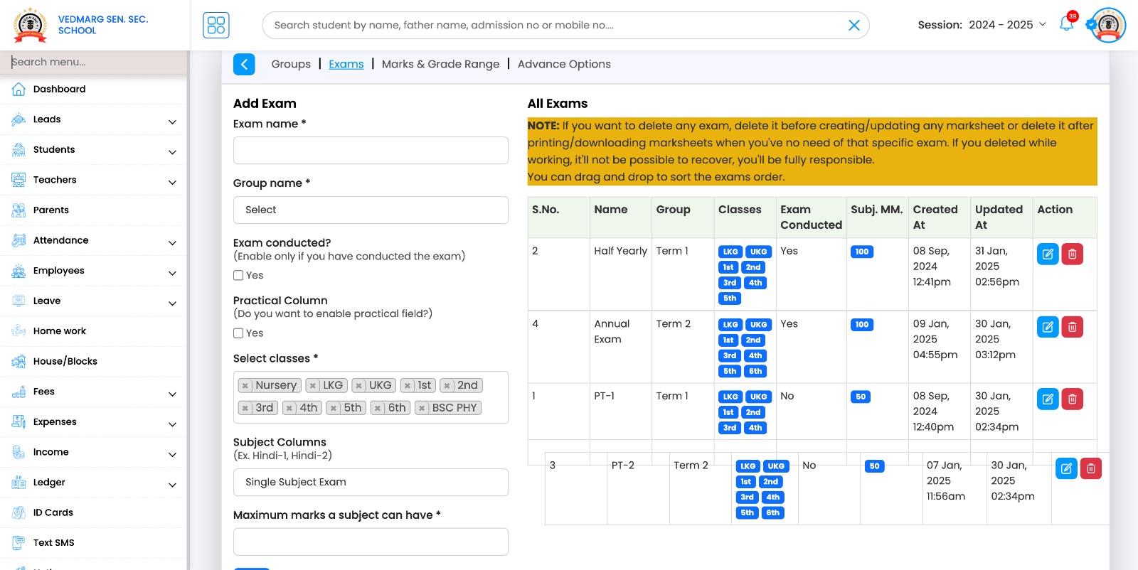 Now, admin authorised staff person can drag and drop exams to set position on marksheet