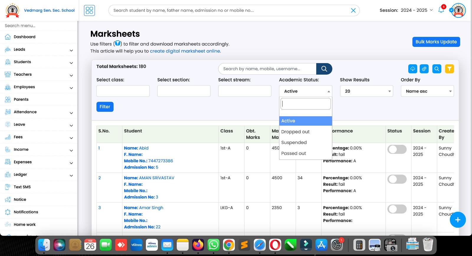 Now, admin or authorised staff member can download mark sheets of students