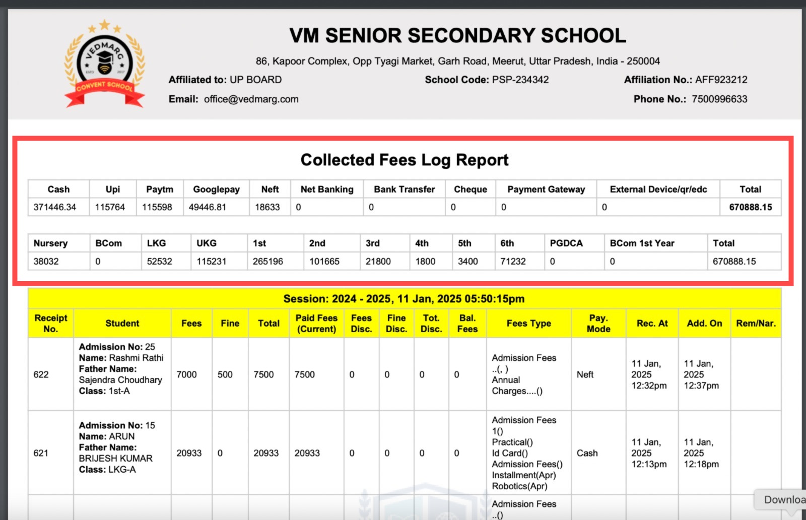 Now, you can see the class wise collection in fee collected log with total in the end