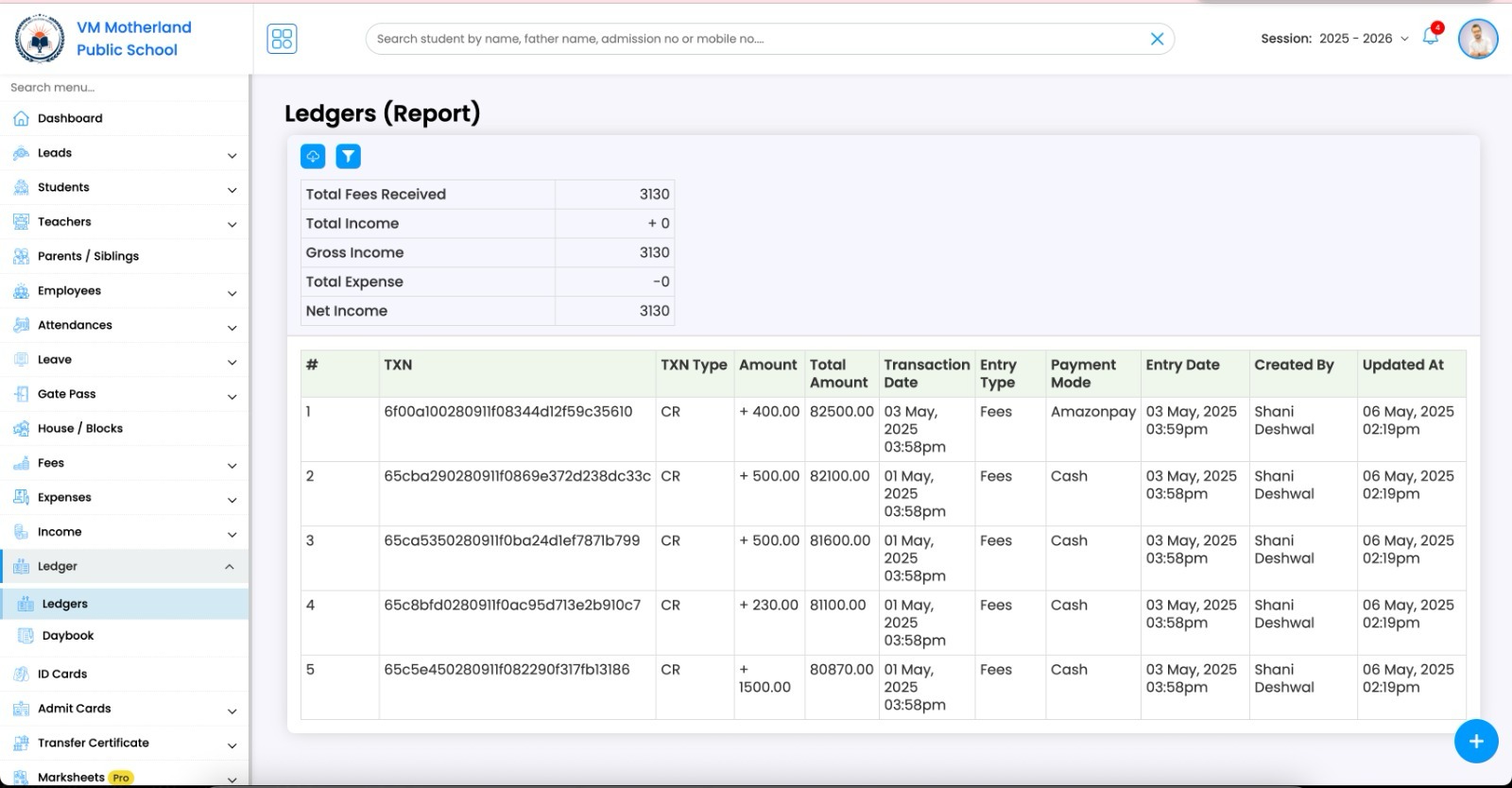 Now, you can see the payment mode of each transaction in ledger module with all other data