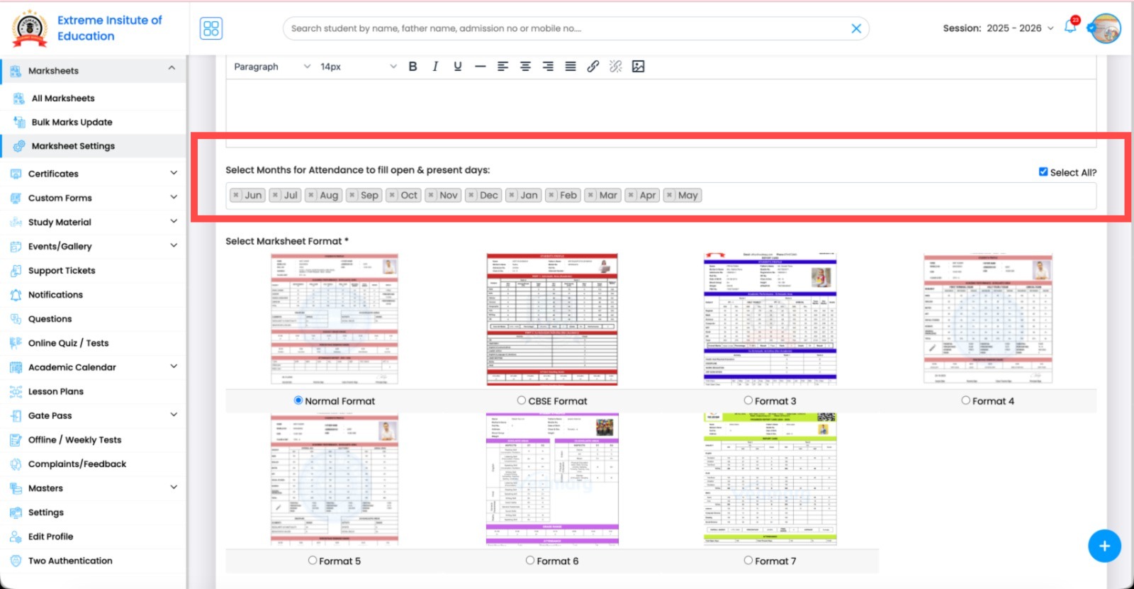 Same sequence of months is visible in advanced settings of marksheet