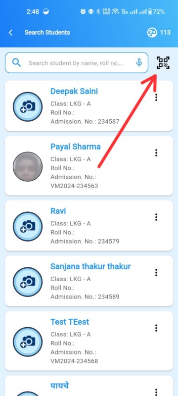 Teachers can search students by scanning their QR code printed on the I'd cards. It's too fast