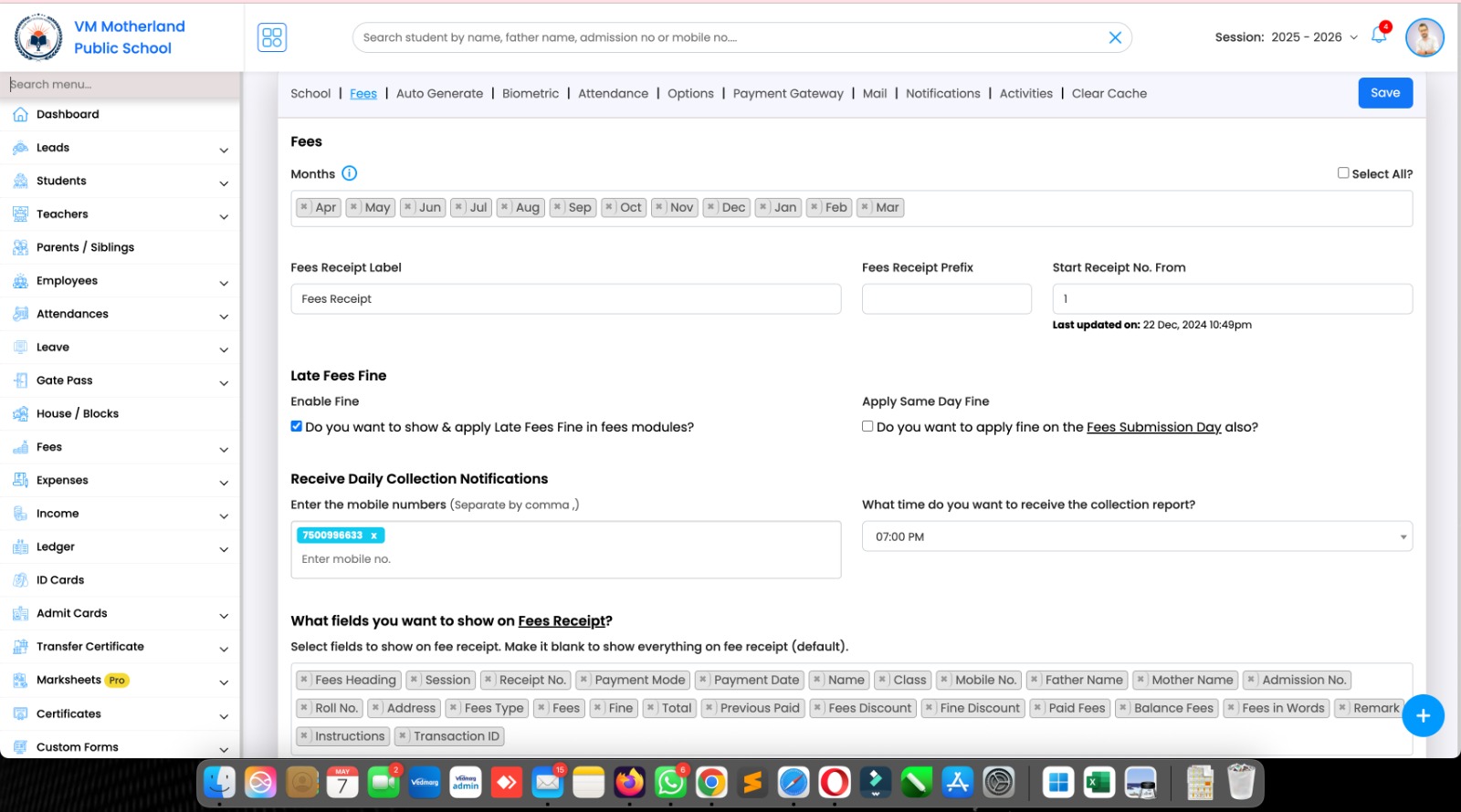 To show hide fields on fee receipts, you can setup in