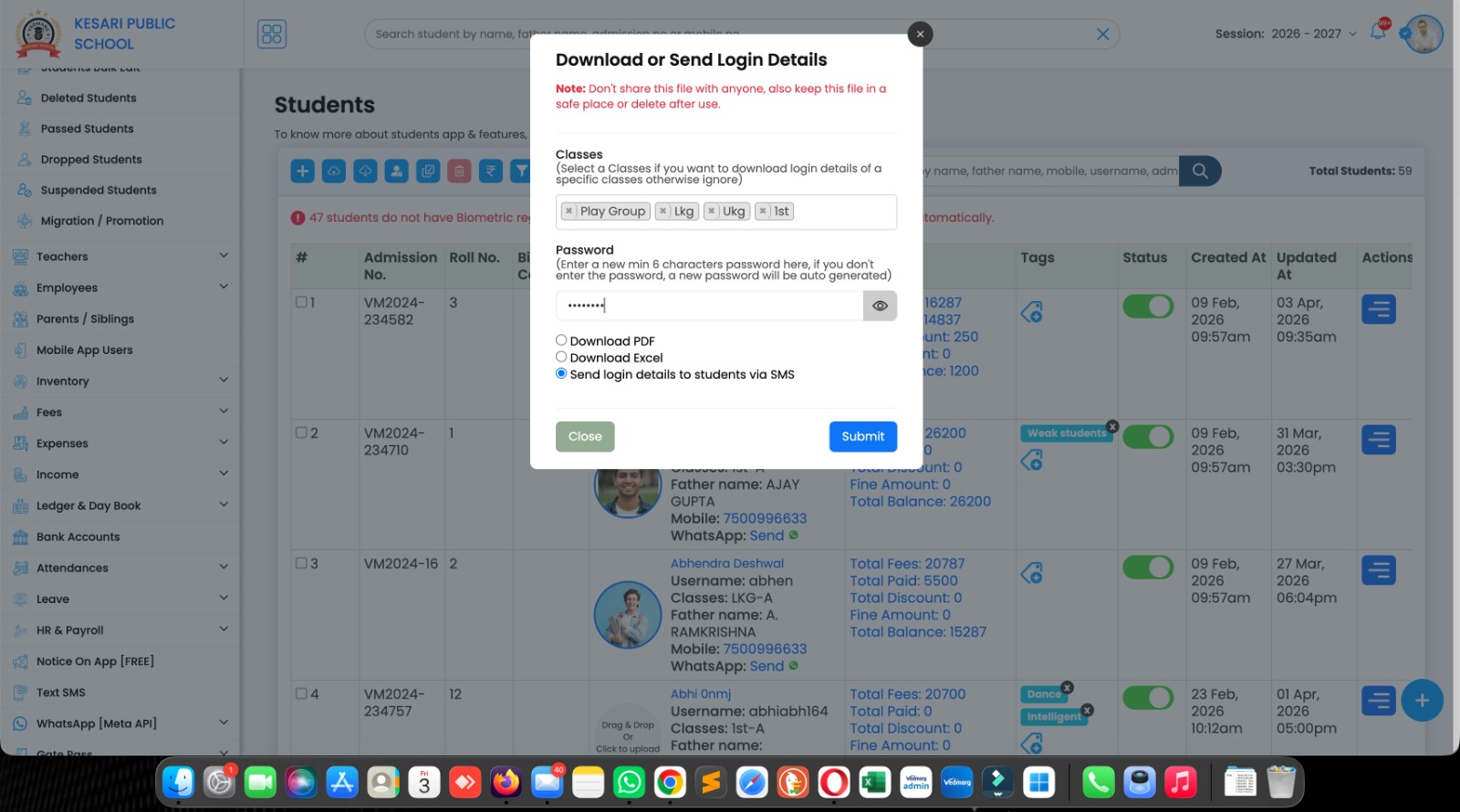 Also, now you can send login details to students in bulk