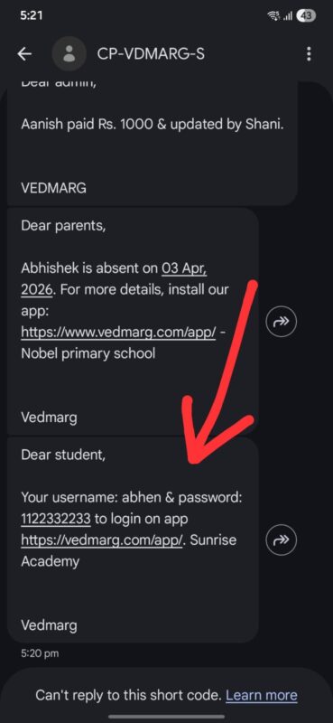 Sample of message with login details sent to the student